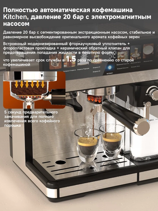 Кофемашина Kitchen с автоматическим капучинатором, зерновой кофе, 20 бар, 1350 Вт