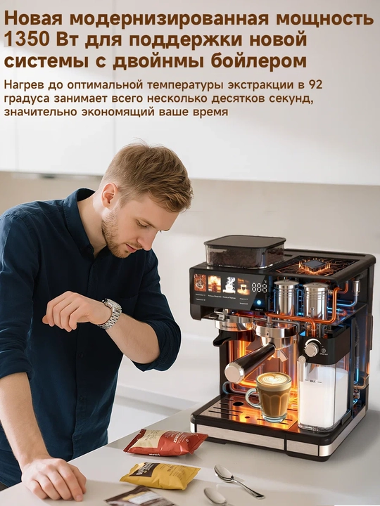 Кофемашина Kitchen с автоматическим капучинатором, зерновой кофе, 20 бар, 1350 Вт