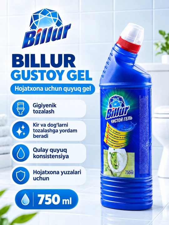 Unitaz tozalash vositasi, unitaz geli, hojatxona tozalagich, gel, Billur, hid ketkazuvchi - 