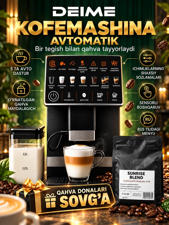 Kofemashina Deime avtomatik kapuchinator bilan bosimi 20 bar, pompa ULKA, quvvati 1350 w - 