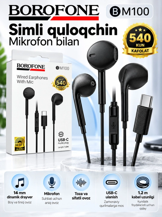 Type-C simli quloqchin mikrofonli, tiniq ovoz bass va boshqaruv tugmali - 