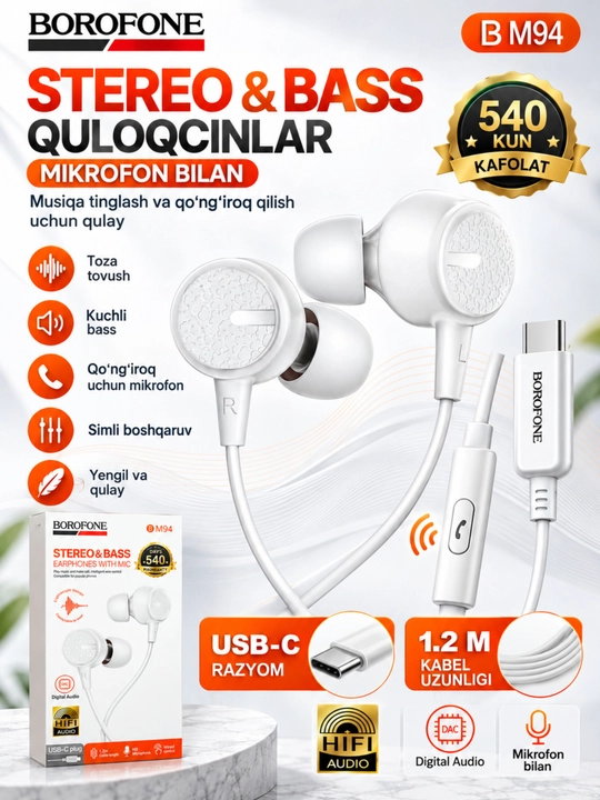 Type-C simli quloqchin mikrofonli, tiniq ovoz bass va boshqaruv tugmali