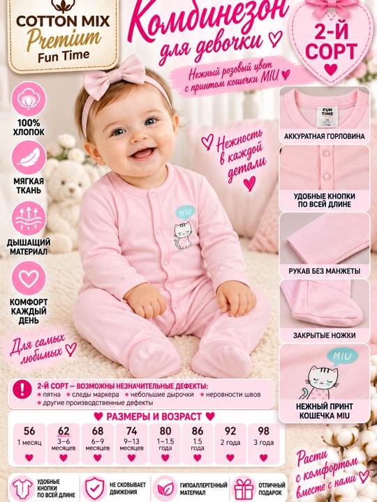 Qizaloqlar uchun Cotton Mix Premium Fun Time kombinezoni, 100% paxta, 2-nav - 