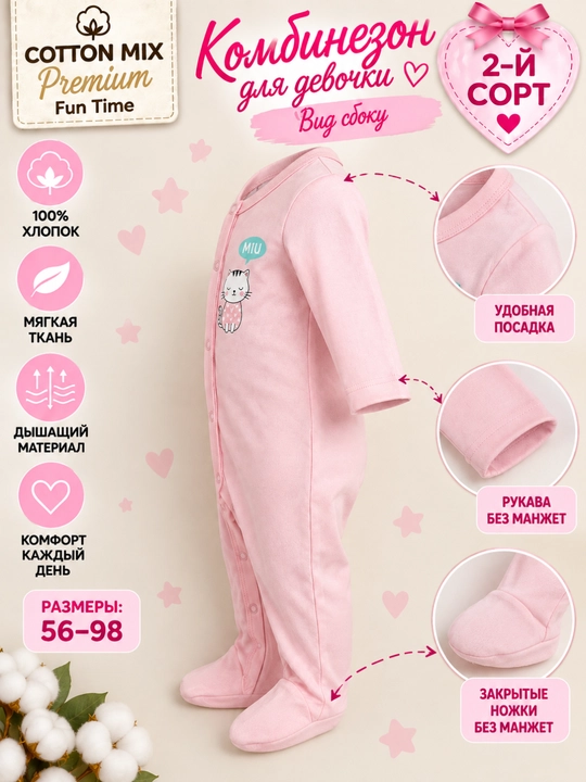 Комбинезон для девочки Cotton Mix Premium Fun Time, 100% хлопок, 2-й сорт