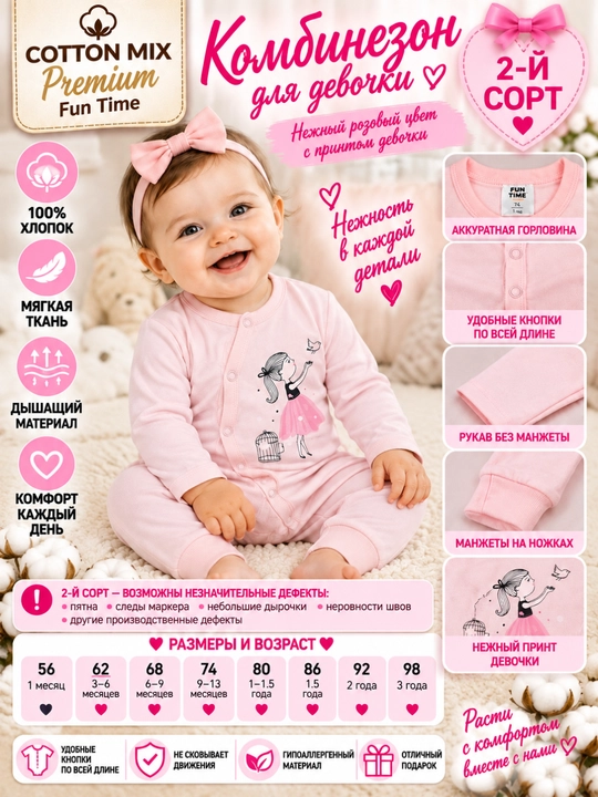 Qizaloqlar uchun Cotton Mix Premium Fun Time kombinezoni, 100% paxta, 2-nav - 
