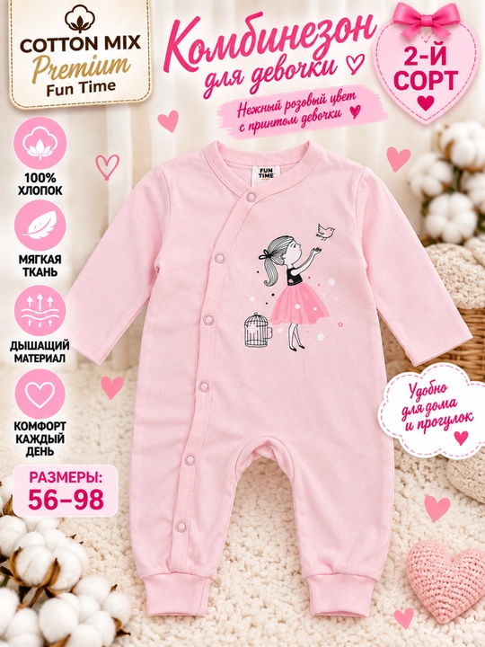 Комбинезон для девочки Cotton Mix Premium Fun Time, 100% хлопок, 2-й сорт
