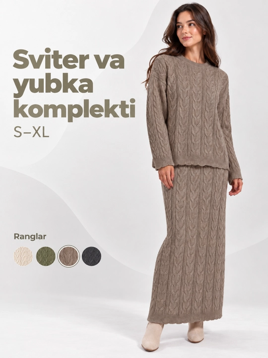 Ayollar va qizlar uchun to‘qima dvoyka — sviter va uzun yubka, S–XL - 
