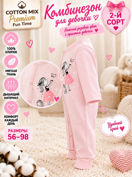 Комбинезон для девочки Cotton Mix Premium Fun Time, 100% хлопок, 2-й сорт