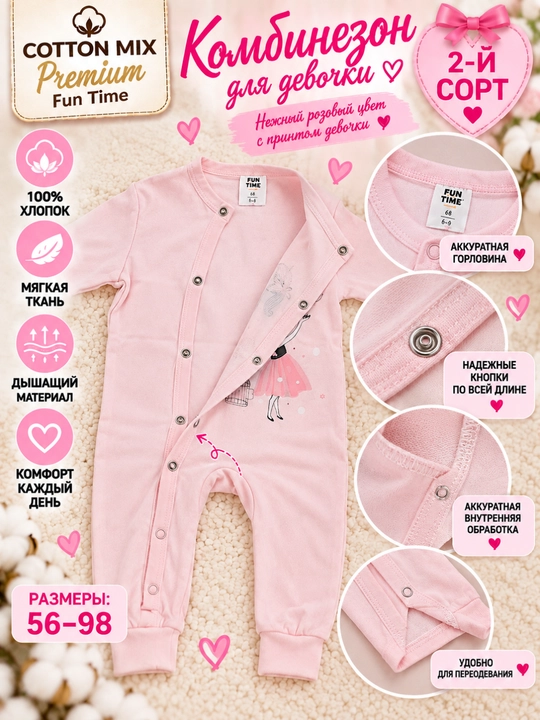 Комбинезон для девочки Cotton Mix Premium Fun Time, 100% хлопок, 2-й сорт