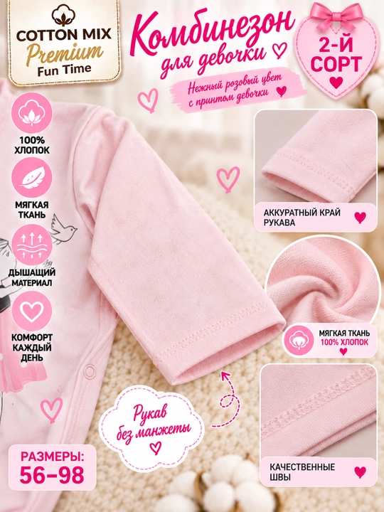 Комбинезон для девочки Cotton Mix Premium Fun Time, 100% хлопок, 2-й сорт