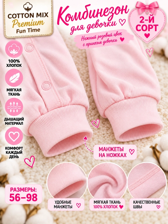 Комбинезон для девочки Cotton Mix Premium Fun Time, 100% хлопок, 2-й сорт