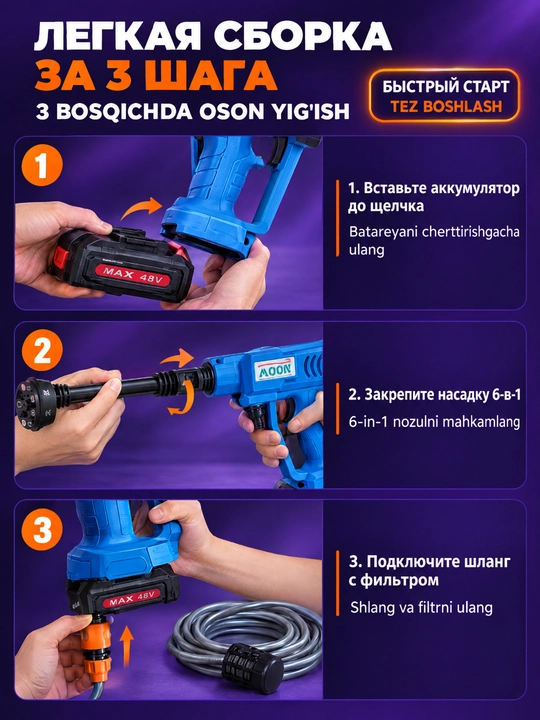 Simsiz yuqori bosimli avtomobil yuvish,48V batareya