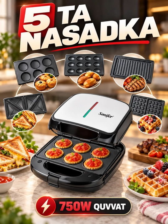 Vafli pishirgich Sonifer, 5 ta almashtiriladigan panelli, 750 W - 