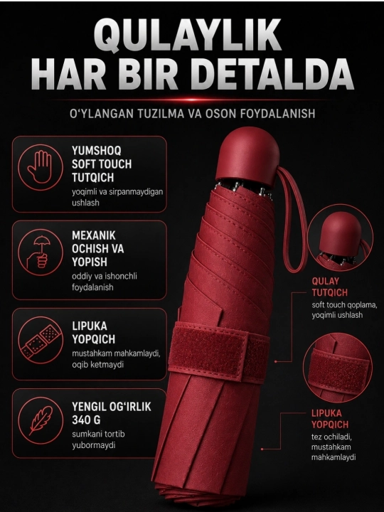 Mini soyabon sifatli, 10-12 ta spitsa va suv o‘tkazmaydigan g‘ilof bilan