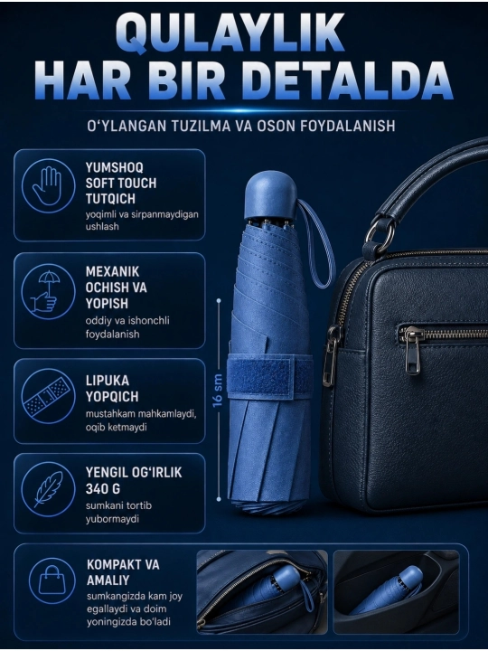 Mini soyabon sifatli, 10-12 ta spitsa va suv o‘tkazmaydigan g‘ilof bilan