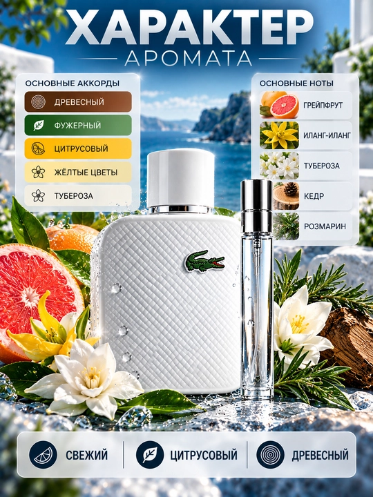 Erkaklar atiri Eau de Lacoste L.12.12 White, yog‘och-fujer ifori