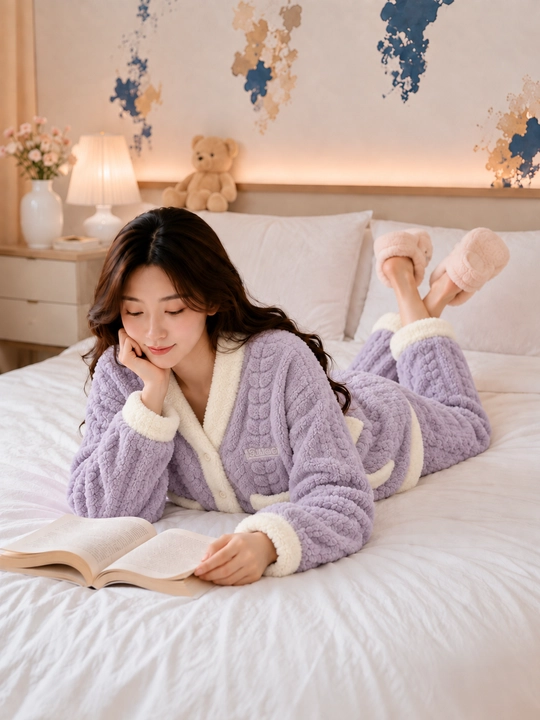 Ayollar uchun issiq pijama, cho‘ntakli tugmali kofta va shim