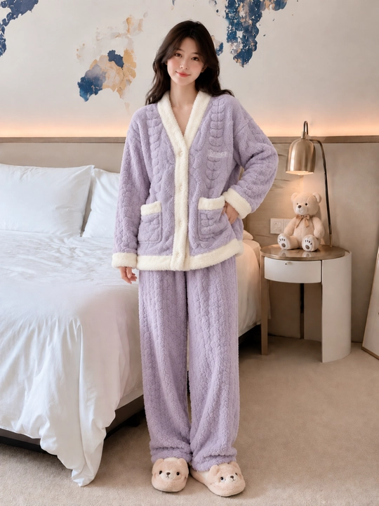 Ayollar uchun issiq pijama, cho‘ntakli tugmali kofta va shim