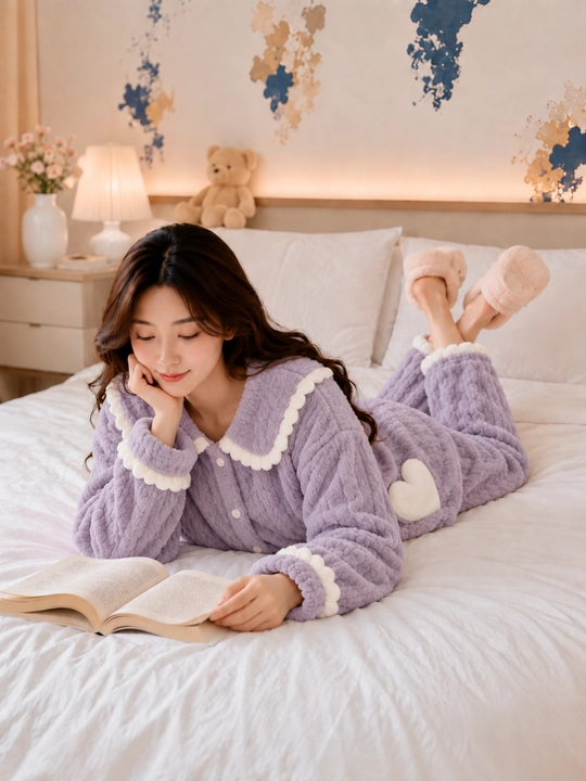 Ayollar uchun issiq pijama, cho‘ntakli tugmali kofta va shim