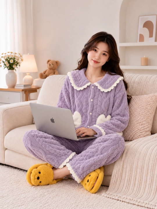 Ayollar uchun issiq pijama, cho‘ntakli tugmali kofta va shim