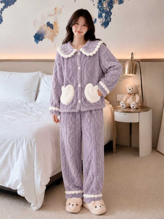 Ayollar uchun issiq pijama, cho‘ntakli tugmali kofta va shim