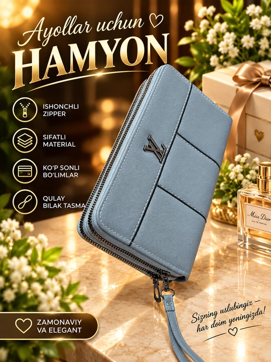 Zamonaviy ayollar hamyoni, o‘lchami: 20 × 11 sm - 