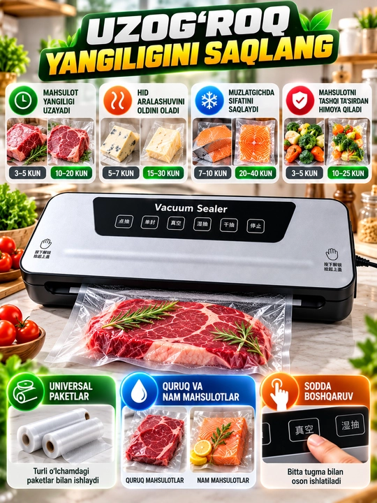 Вакуматор — вакумный упаковщик продуктов, + 50 пакетов, машина для вакуумной упаковки
