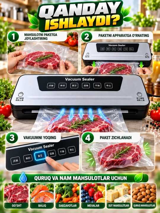Вакуматор — вакумный упаковщик продуктов, + 50 пакетов, машина для вакуумной упаковки
