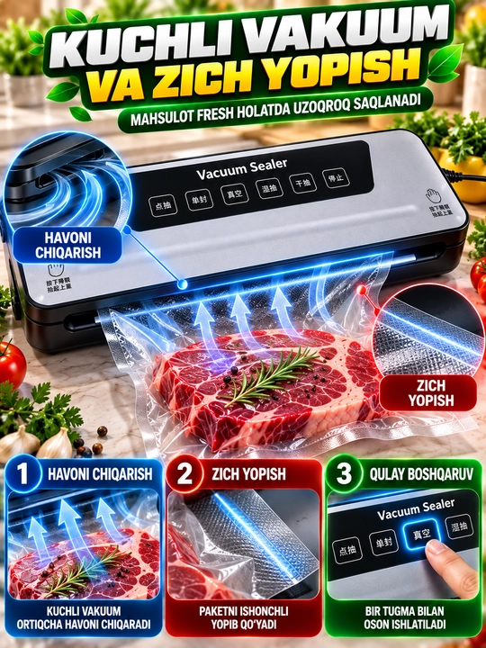 Вакуматор — вакумный упаковщик продуктов, + 50 пакетов, машина для вакуумной упаковки