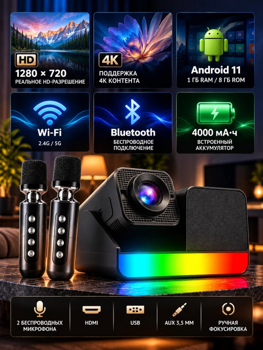 A10 Plus film proyektori, Android 4K proyektori + Wi-Fi, Bluetooth, HDMI