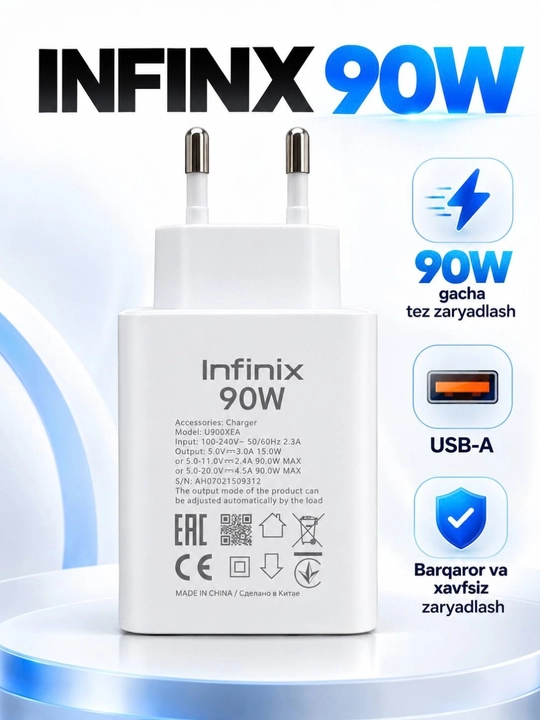 Infinix 90W Turbo Max zaryadlovchi adapter, USB-A, tezkor zaryadlash, oq rang - 