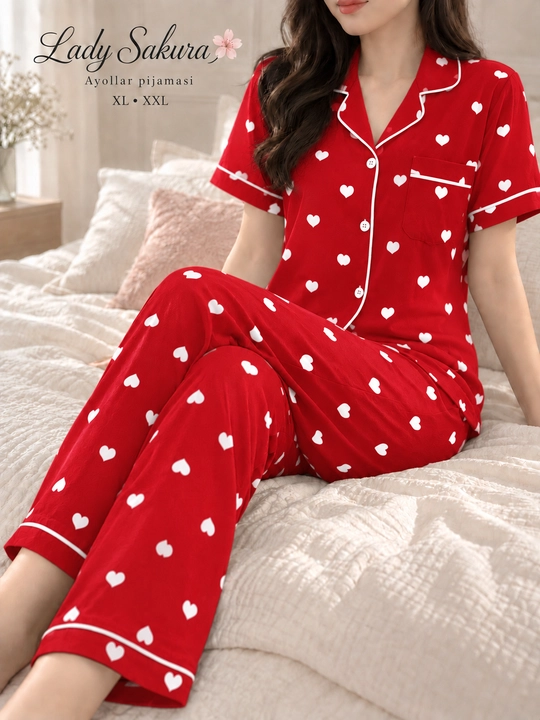 Ayollar uchun pijama to‘plami – yurakli dizayn, uy kiyimi (XL–XXL) - 