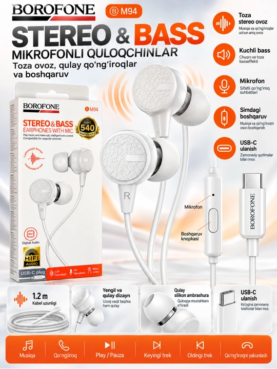 Type-C simli quloqchin mikrofonli, tiniq ovoz,kuchli bass va boshqaruv tugmali