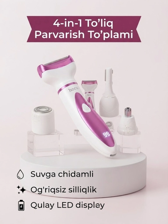 Ayollar trimmeri Hoco HP80, 4 in 1, 3 ta nasadka, displey, 65 daqiqagacha, 300 mA·soat