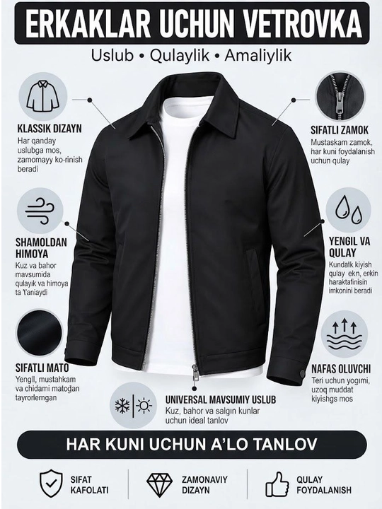 Erkaklar uchun vetrovka (bahor-kuz) yengil kurtka - 