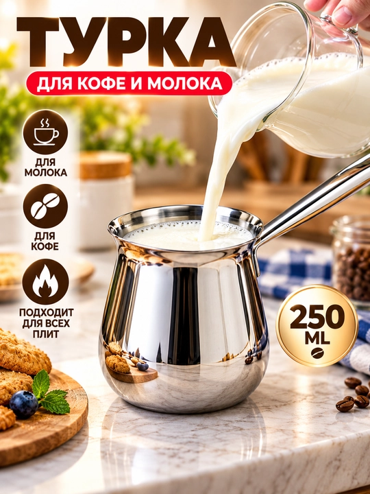 Turka 250 ml zanglamas po‘lat, kofe va sut uchun, gaz va elektr plita uchun qulay idishlar - 