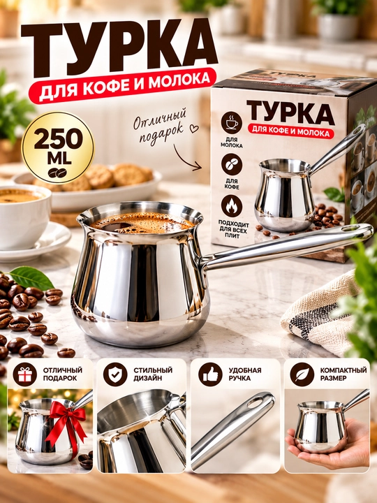 Турка 250 мл из нержавеющей стали для кофе, молока, газовой и электрической плиты для дома