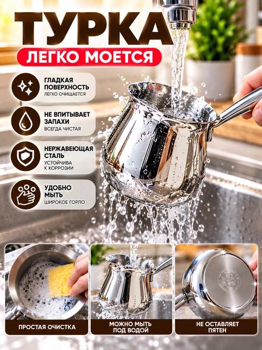 Турка 250 мл из нержавеющей стали для кофе, молока, газовой и электрической плиты для дома