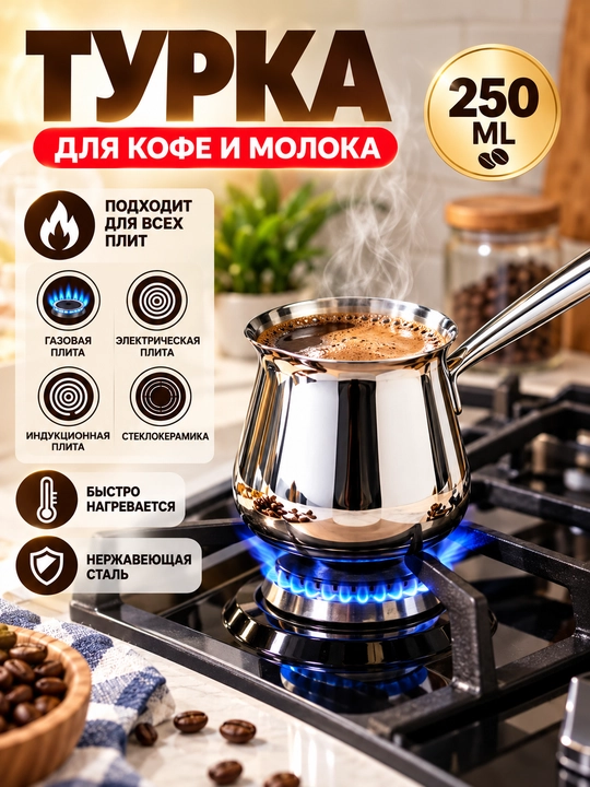 Турка 250 мл из нержавеющей стали для кофе, молока, газовой и электрической плиты для дома