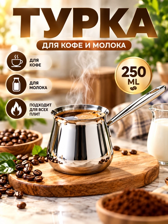 Турка 250 мл из нержавеющей стали для кофе, молока, газовой и электрической плиты для дома