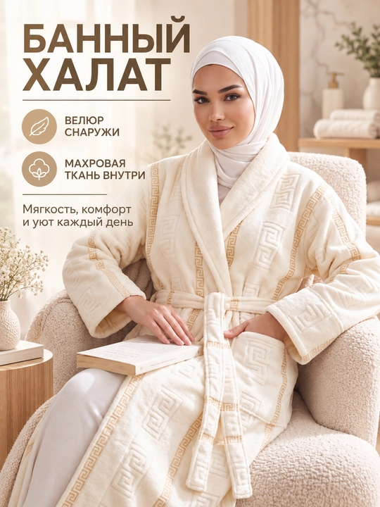 Женский банный халат махровый велюровый с карманами и поясом, домашний халат для душа - 