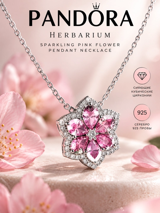 "Pushti gul" Pandora Herbarium marjoni 394576C01, kumush 925 - 