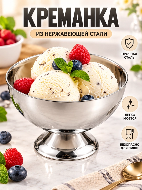 Креманка для мороженого и десертов из нержавеющей стали металлическая десертная чаша - 