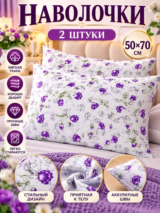 Наволочки 2 шт, 50х70 см, поплин хлопок 100% - 