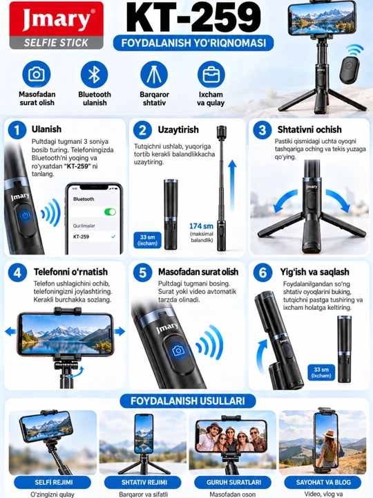 Premium selfi tayoq tripod masofadan boshqarish pulti telefon uchun kop funksiyali shtativ