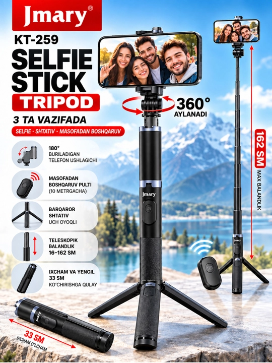 Premium selfi tayoq tripod masofadan boshqarish pulti telefon uchun kop funksiyali shtativ