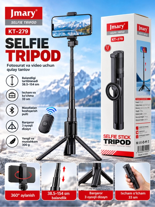 Premium selfi tayoq tripod masofadan boshqarish pulti telefon uchun kop funksiyali shtativ - 