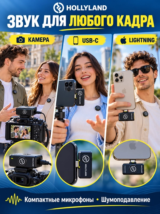 Hollyland LARK M2 Combo simsiz petlichka mikrofoni, USB-C, Lightning va kamera uchun