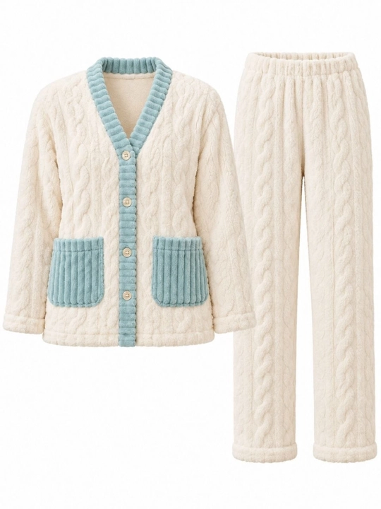 Ayollar uchun issiq qishki pijama, qalin paxmoq pijama, shim va kofta