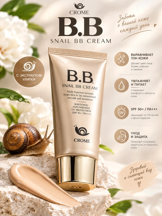 Tonal kremi, Yuz uchun,  BB krem, Crome Snail BB kream SPF 50+, oqartiradi, yuz uchun krem - 